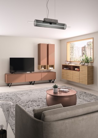 Mélaminé nude abricot & mélaminé décor aspect chêne à nœuds